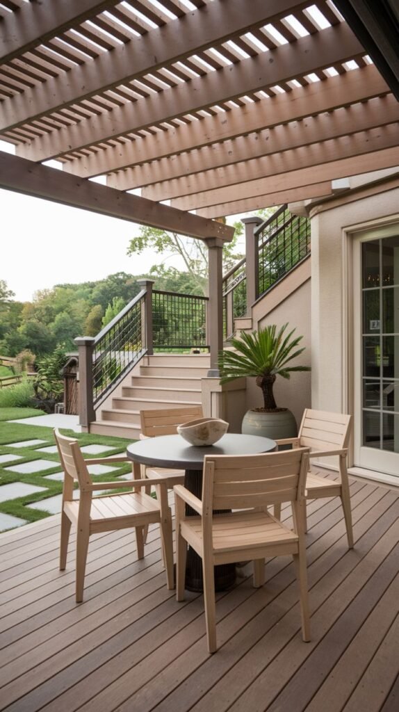 A modern outdoor dining area under a wooden slatted pergola, featuring light wood slat chairs and a round table on wide plank brown decking.