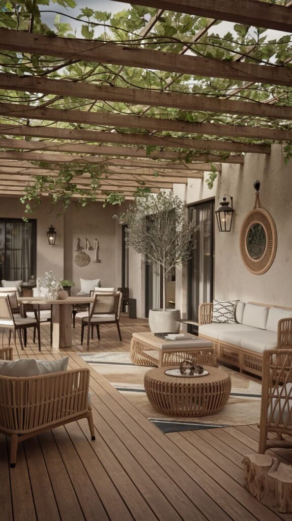 A large, earthy patio covered by a vine-covered wooden pergola, featuring multiple cohesive natural rattan seating and dining areas on wood decking with layered rugs.