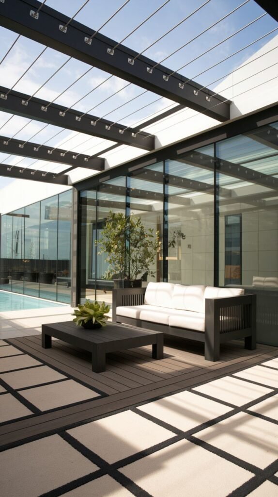 A minimalist rooftop lounge under a black metal and glass structure, featuring dark wood low-slung seating and a dramatic black and white geometric tiled floor.