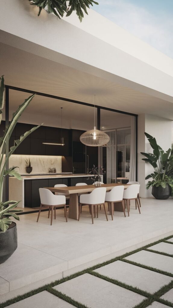 A luxurious covered patio dining area next to a dark outdoor kitchen, featuring a wooden table, white chairs, and a large sculptural wood pendant light fixture.