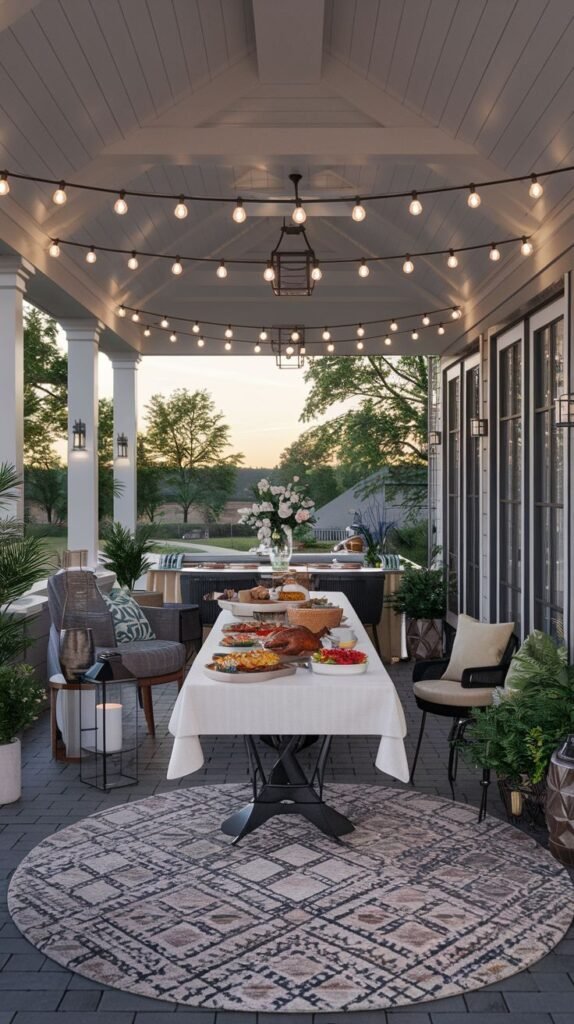 A traditional covered porch set for a feast, featuring a large dining table and lounge seating on a round patterned rug, illuminated by many strings of bulb lights.