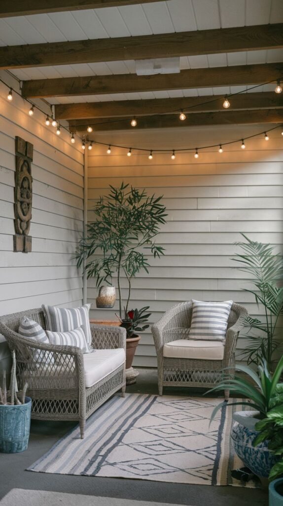 A cozy patio nook with gray woven chairs, striped cushions, and string lights, featuring wood accents and tropical potted plants against light siding walls.