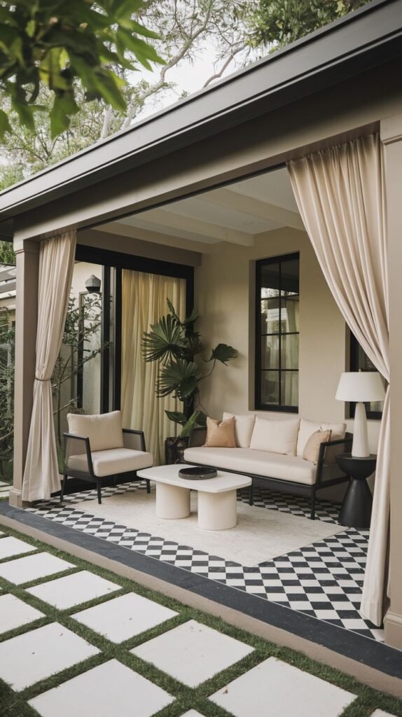 A luxurious patio lounge framed by beige drapes, featuring contemporary furniture on a black and white checkerboard tiled floor, leading to square stepping stones in the grass.