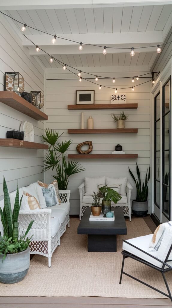 A stylish covered porch featuring white shiplap walls, a white slatted ceiling, white woven furniture, and multiple dark wood floating shelves decorated with pottery and plants.