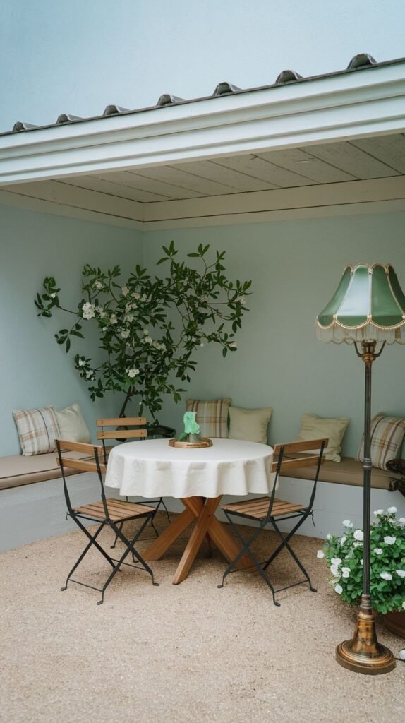 A charming covered patio with light blue walls, built-in seating, a round dining table on a gravel floor, and a prominent vintage floor lamp with a green pleated shade.