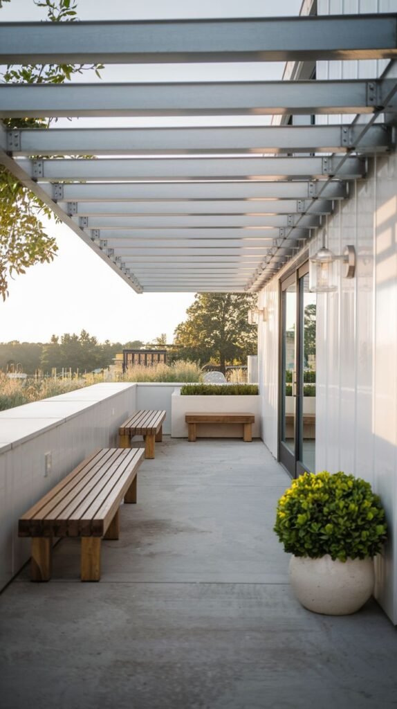 A sleek, modern patio with a silver metal slatted pergola and white walls, featuring two long, simple wooden slatted benches and a large potted boxwood in a round white planter.