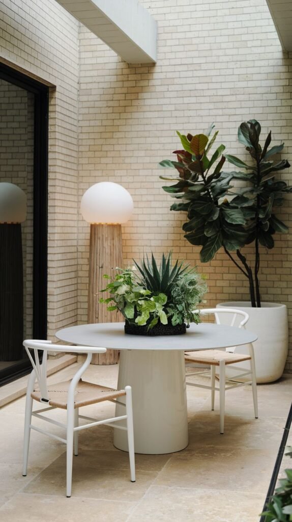 A bright enclosed courtyard dining area with light brick walls, featuring a white pedestal table and white Wishbone chairs, flanked by a sculptural globe lamp and a large potted fiddle-leaf fig.