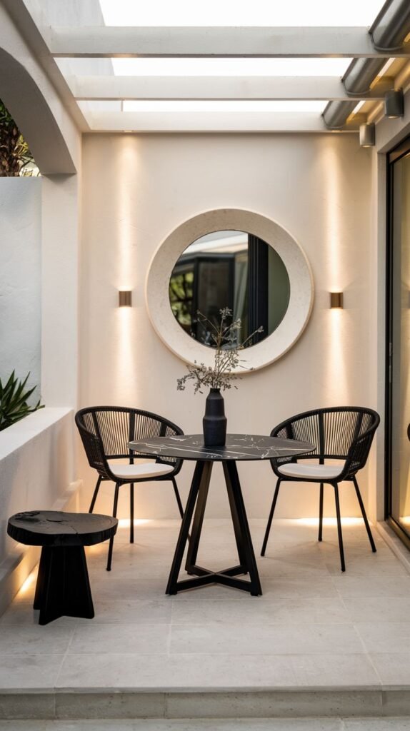 An intimate, modern patio with a black bistro set and a large circular mirror centerpiece on the wall, highlighted by up-and-down light wall sconces.