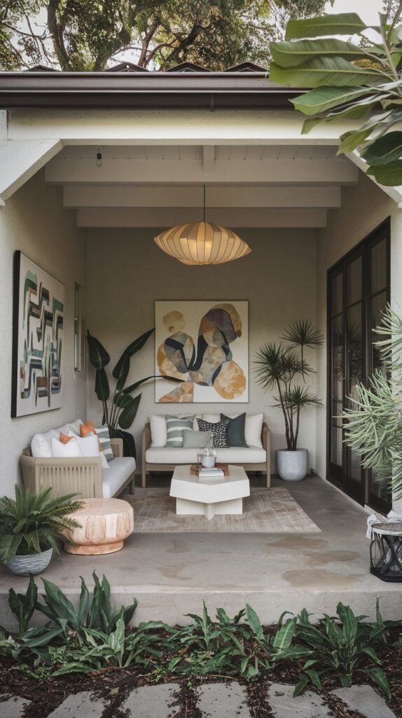 A bohemian covered lounge featuring abstract art, a neutral sofa, and an oversized ribbed pendant light hanging over a low white coffee table.