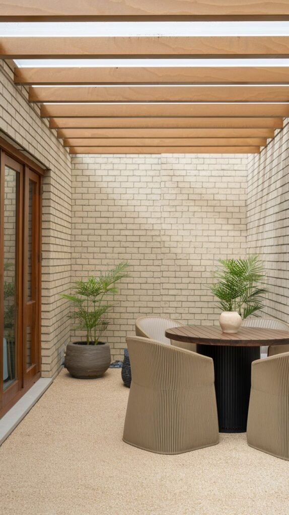 A dining area in a brick-walled courtyard with a light wood slatted pergola, featuring a round table and modern curved beige chairs on a speckled aggregate floor.