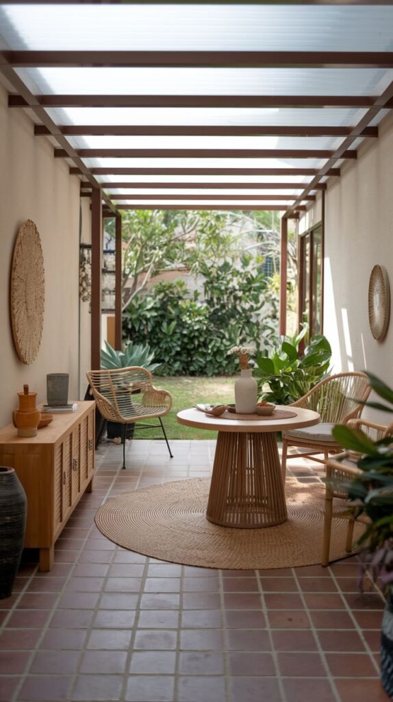 A narrow sunroom patio with a translucent roof, terracotta tiled floor, and a round rattan dining set on a circular woven rug, leading out to a lush garden.