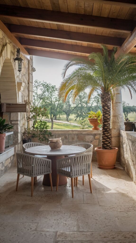 A covered dining area in a rustic stone archway structure, featuring gray woven chairs and a large potted date palm under heavy exposed wooden beams.
