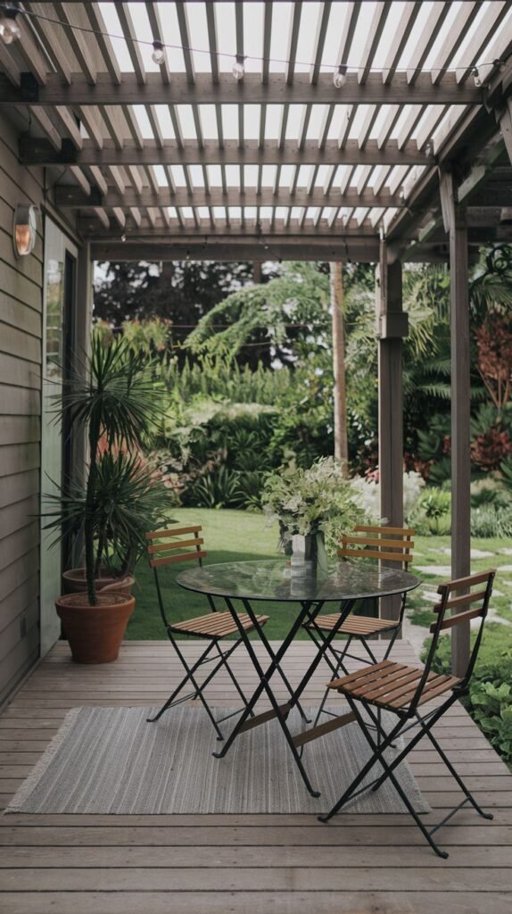 A small dining patio on a wooden deck under a slatted pergola, featuring a bistro set with a glass top and folding chairs on a striped rug, surrounded by greenery.