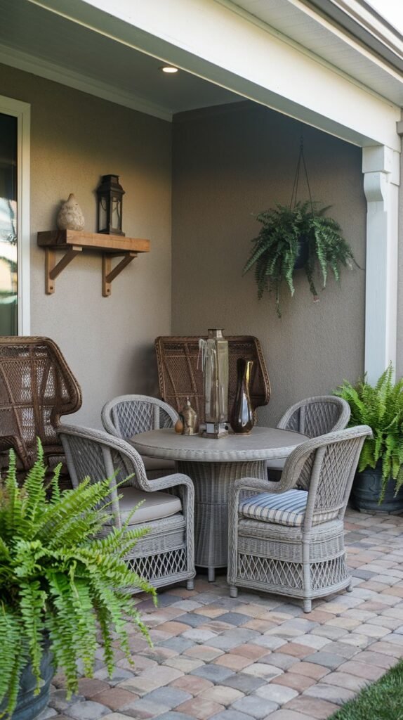 A traditional covered patio dining area with gray woven furniture set on a multicolored paver stone floor, decorated with abundant hanging and potted ferns.