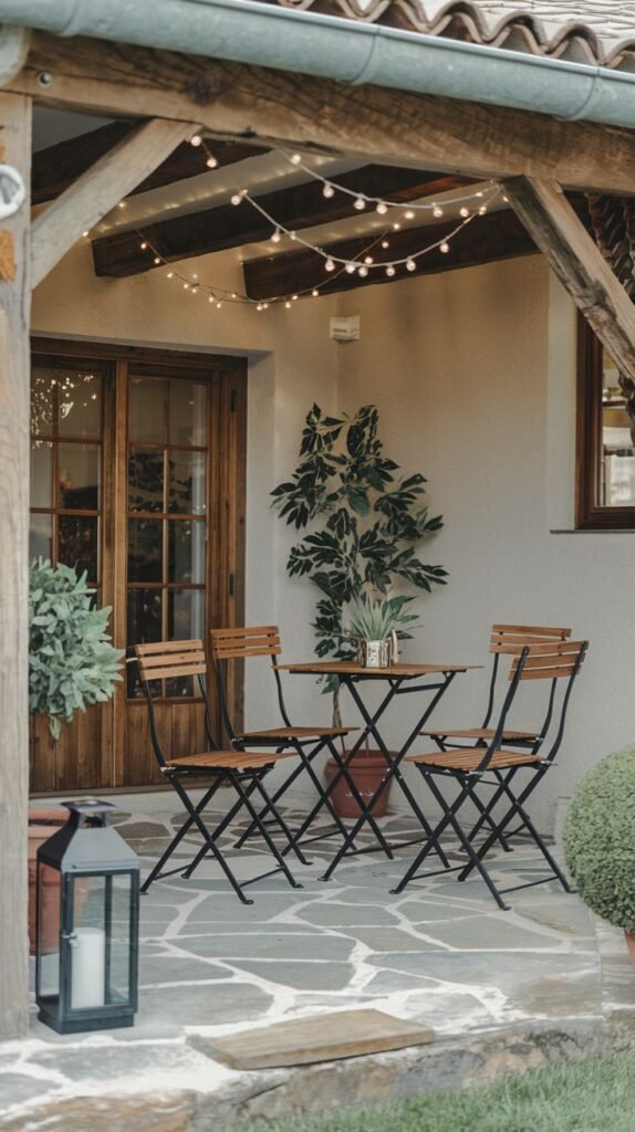 A rustic outdoor dining area under exposed wood rafters, featuring a bistro set on irregular flagstone pavers, illuminated by string lights and a large floor lantern.