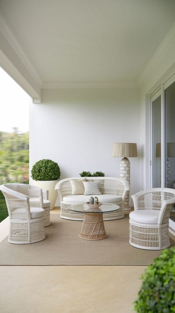 A bright, expansive white veranda featuring white woven lounge furniture, a neutral rug, and a tall, sculptural floor lamp with a textured base.