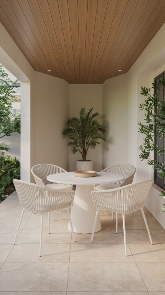 A modern, minimalist covered dining space featuring a white pedestal table and four string-backed chairs under a warm wood-slat ceiling and set on light-colored floor tiles.