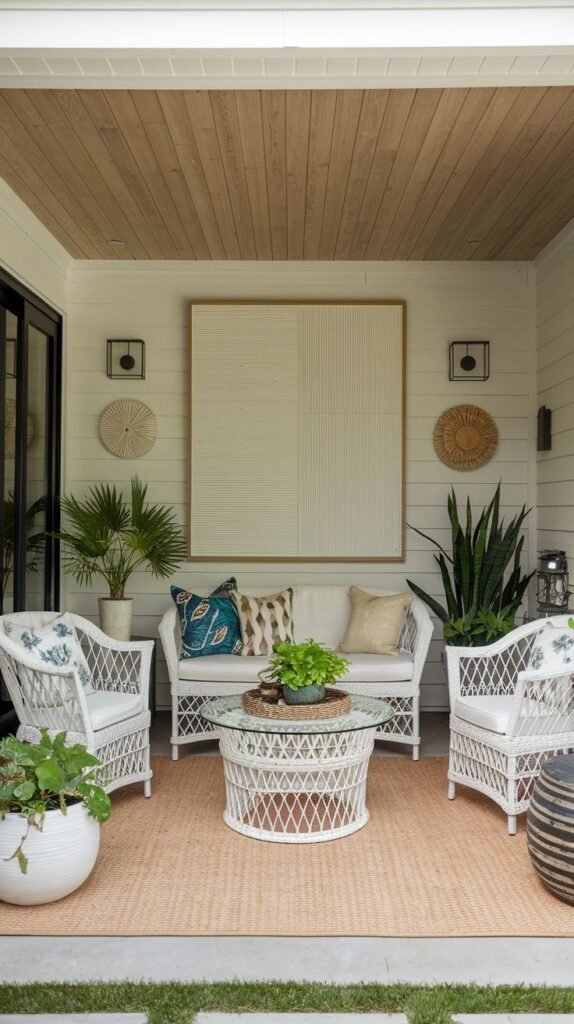 A covered patio features white wicker seating, a large abstract white wall art piece, and potted tropical plants, set on an orange woven rug beneath a wood plank ceiling.