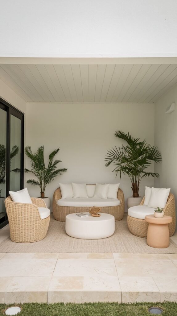 A serene, modern covered patio featuring curved, light woven furniture, a round white coffee table, and symmetrical potted palms, set on large pale floor tiles.