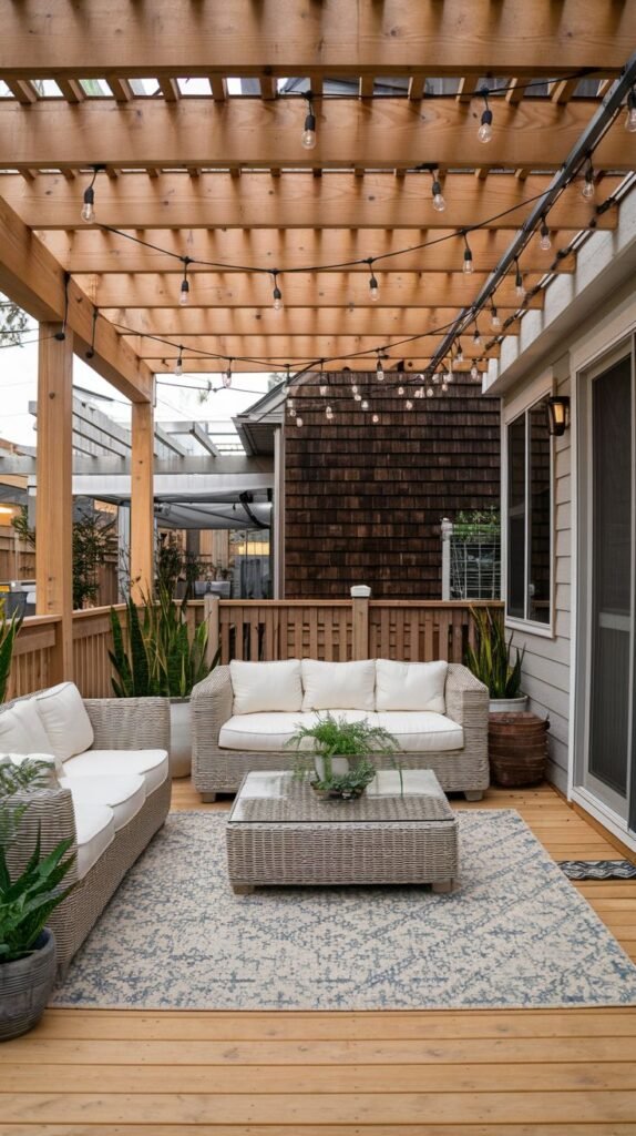 An outdoor lounge on a wooden deck under a slatted pergola, furnished with gray woven sofas, a glass-top table, and an abstract patterned area rug.