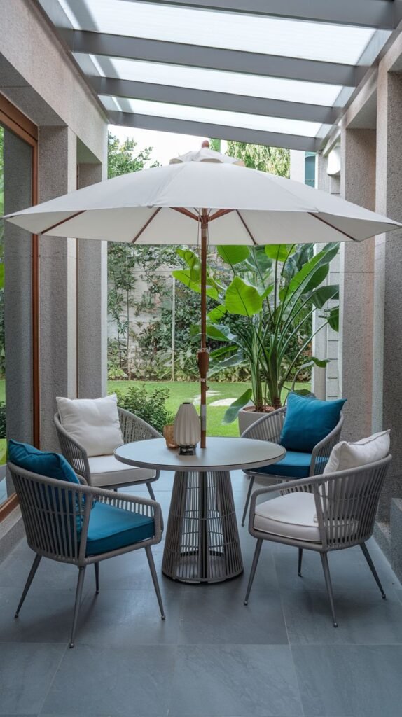 A contemporary dining patio with a translucent roof and stone pillars, featuring gray woven chairs with bright blue cushions around a table under a large white umbrella.