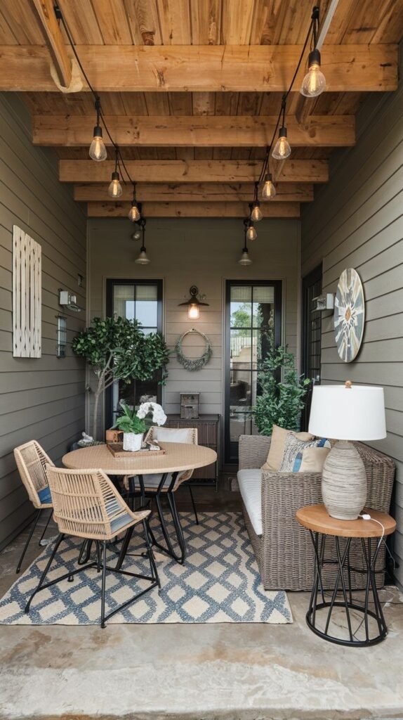 A dual-purpose covered porch with exposed wood beams, string lights, and olive-toned siding, featuring a rattan dining set and lounge seating on a geometric rug.