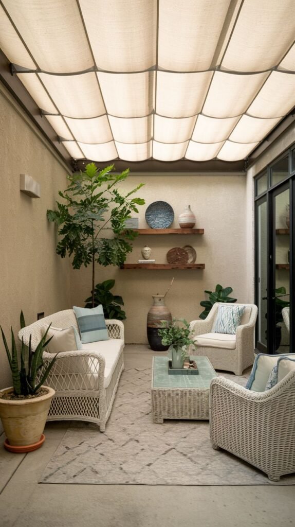 A covered patio lounge with a modular fabric canopy overhead. White woven furniture sits on a rug, and decorative pottery is displayed on rustic floating wooden shelves on the back wall.