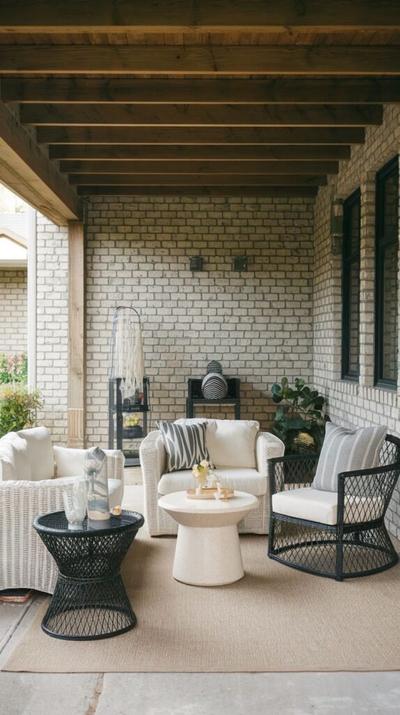 A mixed-style patio featuring white woven furniture and a black metal wire armchair, set against a light brick wall under exposed wood beams.