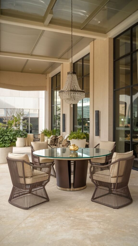 Luxurious covered dining space with a round glass table supported by a dark pedestal base, surrounded by modern geometric dark wireframe chairs with light cushions, illuminated by a large beaded/crystal chandelier.