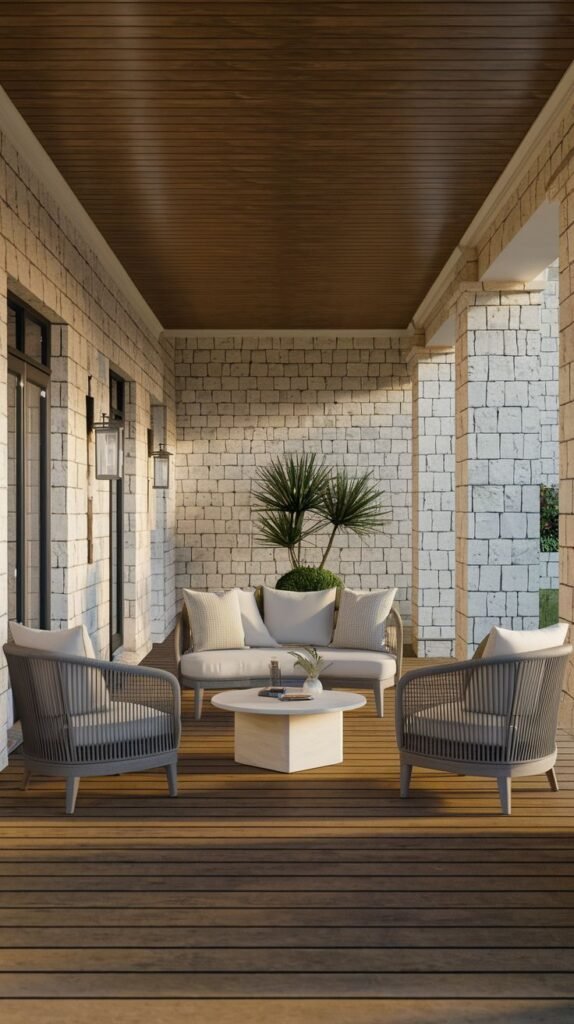 Luxurious covered porch setting featuring gray rope-woven sofa and two large armchairs with light cushions, set on a dark wood plank deck beneath a dark wood plank ceiling, centered by a low white stone coffee table.