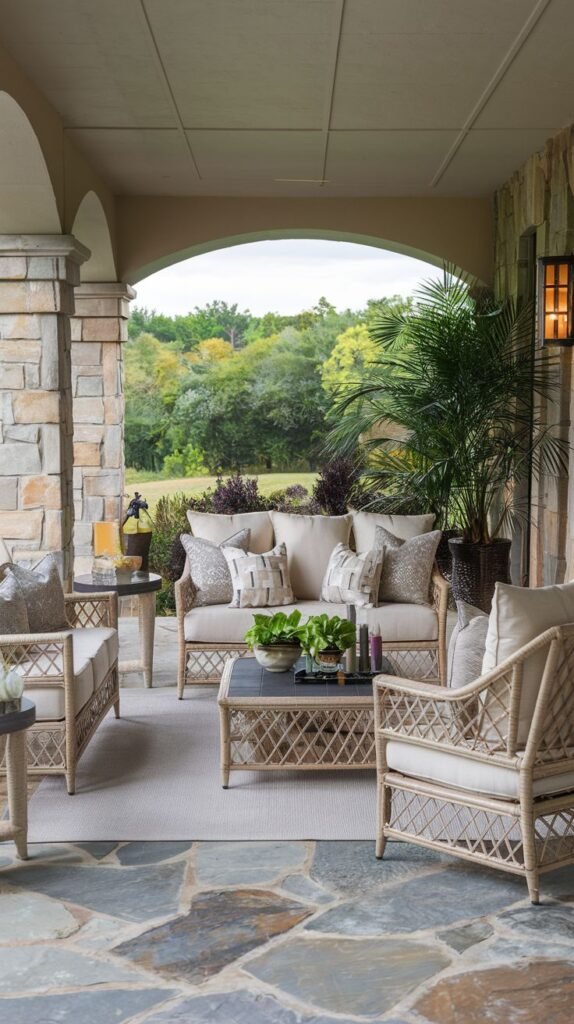Covered patio with traditional light natural woven wicker sofa and two armchairs with generous beige cushioning and multiple decorative throw pillows, situated on a flagstone patio beneath a deep archway.
