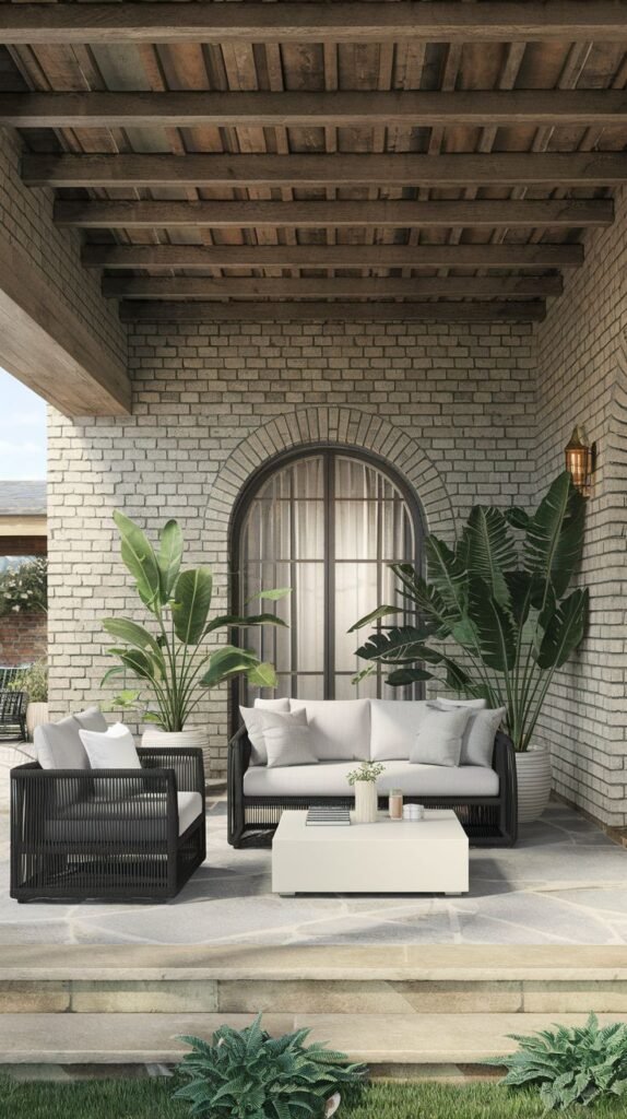 Covered seating area featuring high-contrast black woven sofa and armchair with white cushions, anchored by a rectangular white coffee table, set against a light brick wall with an arched window and exposed wood beams overhead.
