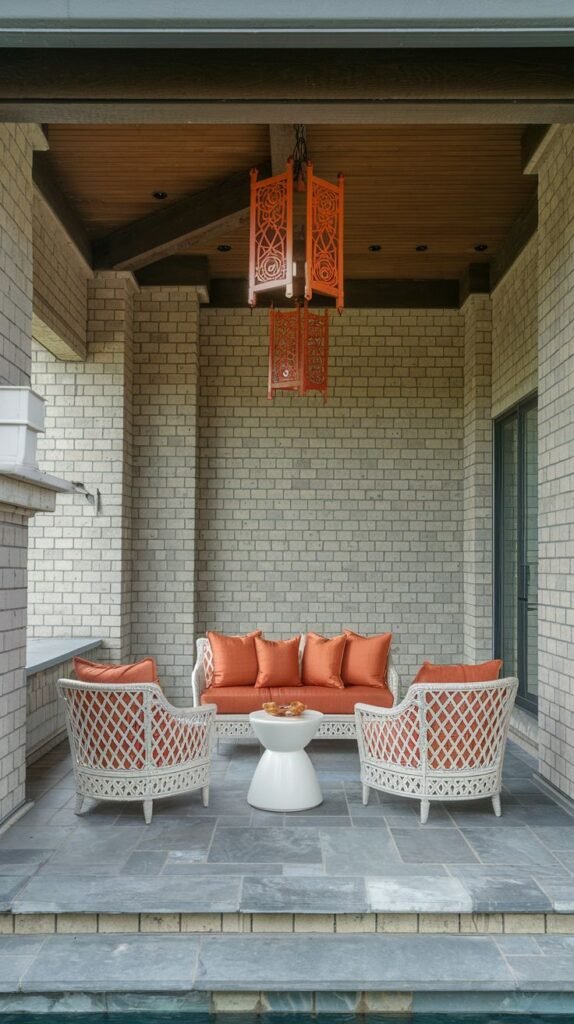 Covered porch featuring white woven conversational seating with bold orange cushions, centered on a white pedestal table, dramatically illuminated by two carved orange pendant lanterns hanging from a wood ceiling.