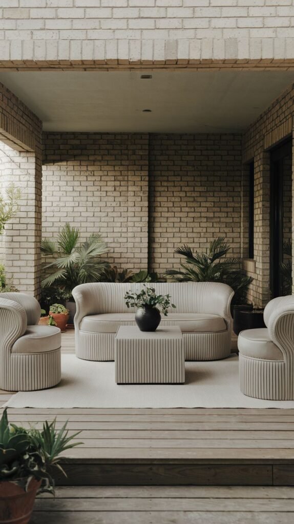 Covered patio alcove with beige brick walls and a wood deck, featuring a conversation set of vertically ribbed beige fully upholstered outdoor furniture (sofa and two curved armchairs) and a matching square coffee table.