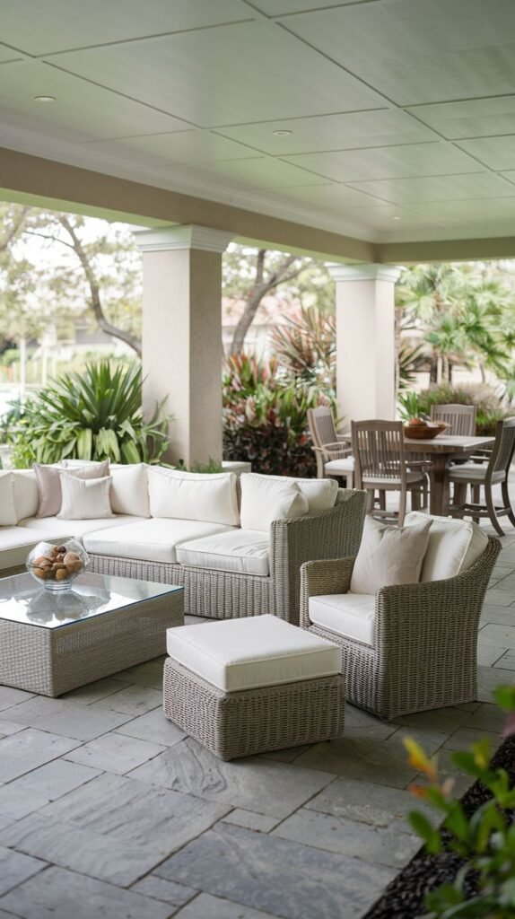 Covered multi-functional patio area featuring a light gray woven modular sectional sofa, armchair, and ottoman with white cushions, visible next to a separate wooden dining set in the background.