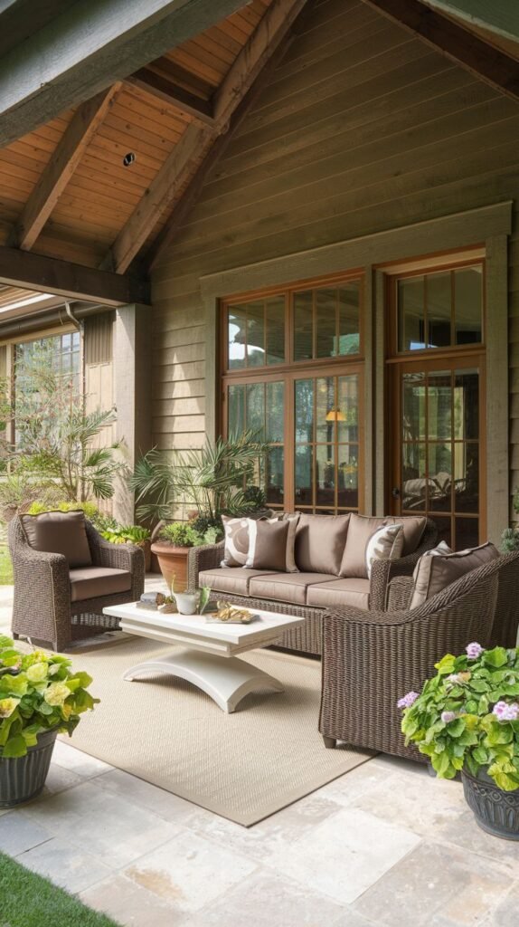 Covered patio with a high-pitched wood-paneled ceiling, featuring deep chocolate brown woven seating (sofa and two chairs) with matching cushions, arranged around a unique white coffee table with a curved pedestal base.