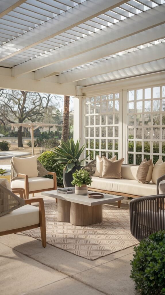 Bright covered patio with a white slatted pergola, featuring diverse seating including a white woven chair, light wood frame armchairs, and a low sofa, all centered around an oval multi-material coffee table.