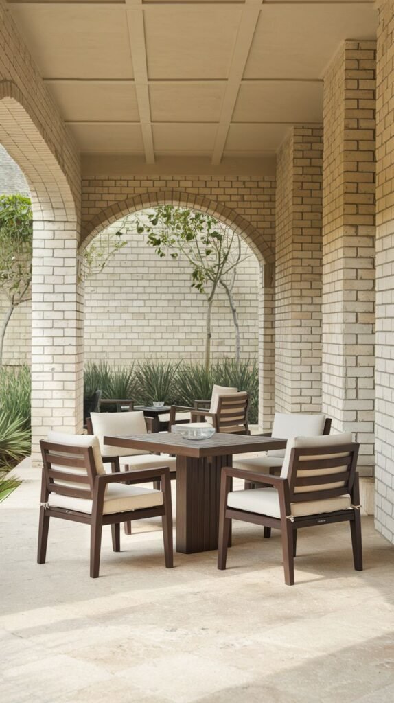 Covered brick archway structure sheltering a dark wood square dining table and matching chairs with white cushions, providing a formal, sheltered dining setting.