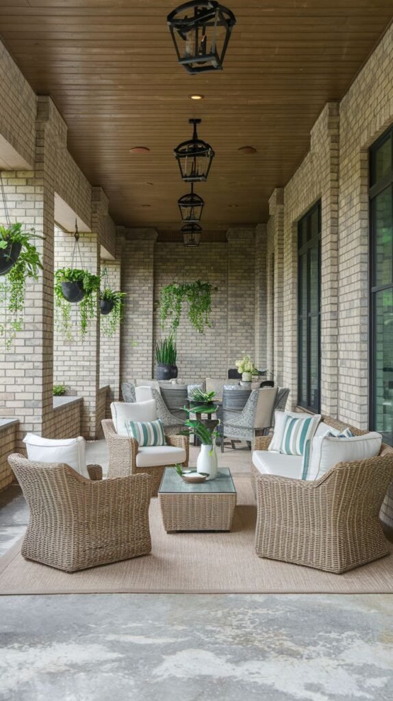 Long covered brick porch featuring large, comfortably woven rattan armchairs and a glass coffee table in the foreground, with a dining area visible further back, under dark metal lanterns.