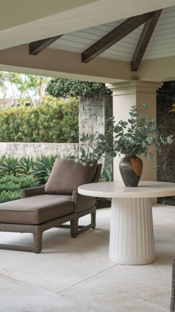 Intimate covered porch space featuring a dark brown woven chaise lounge with a thick cushion, adjacent to a round white fluted pedestal side table topped with a vase of eucalyptus.