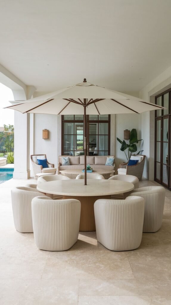 Elegant covered pool patio featuring a circular dining arrangement of plush, vertically ribbed white barrel chairs surrounding a round table, equipped with a large center-pole umbrella.