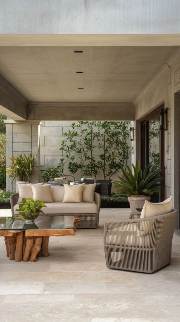 Contemporary covered patio featuring a taupe rope-woven sofa and armchair with light cushions, centered around a unique glass-topped coffee table supported by a striking natural wood root base.