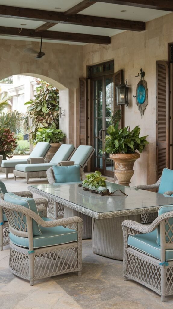 Covered dining area with a rectangular glass-topped table and woven gray chairs featuring light blue/aqua cushions with white piping, adjacent to matching chaise lounges.