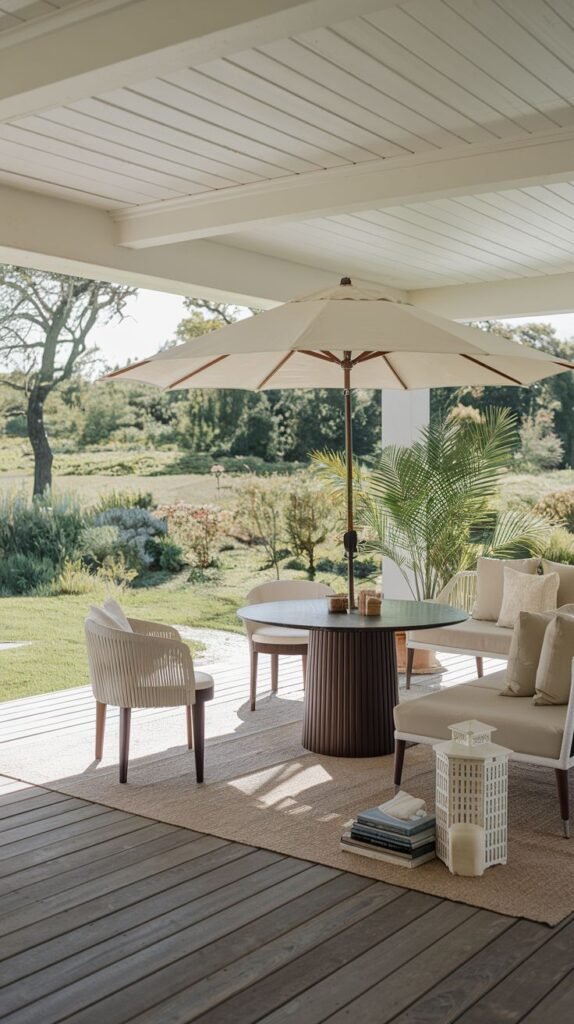 Covered wood deck space combining a small lounge area (sofa and chairs) with a dining area featuring a dark pedestal table and light dining chairs, all protected by an off-white umbrella.