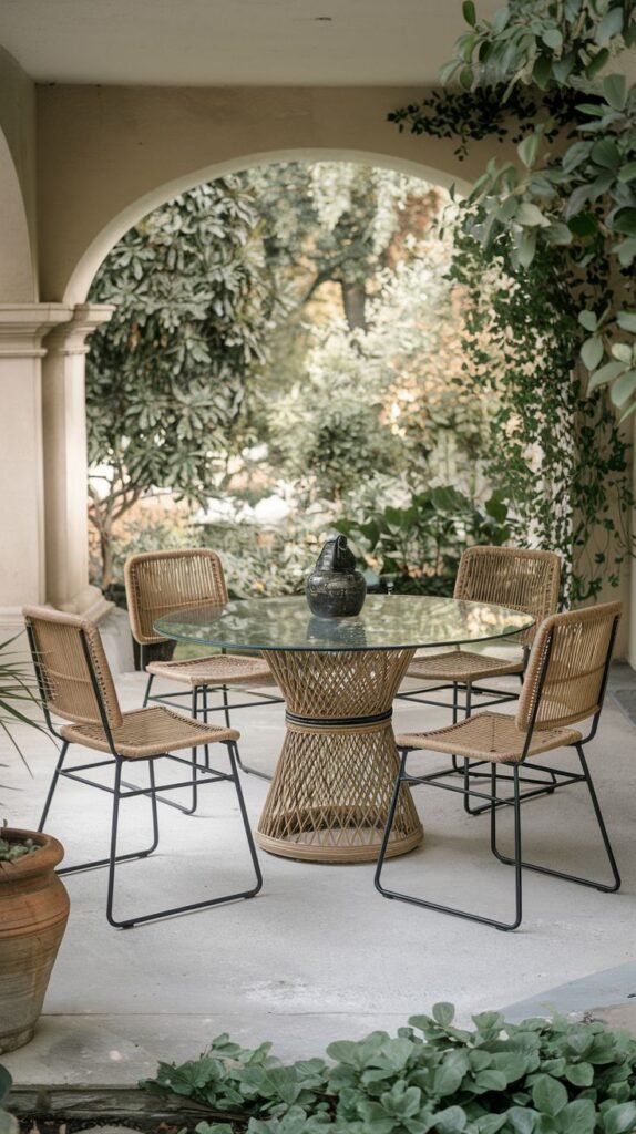 Garden-like covered area under a stone archway featuring a circular glass-topped dining table with a woven pedestal base, surrounded by four light-brown woven chairs with minimalist black metal frames.