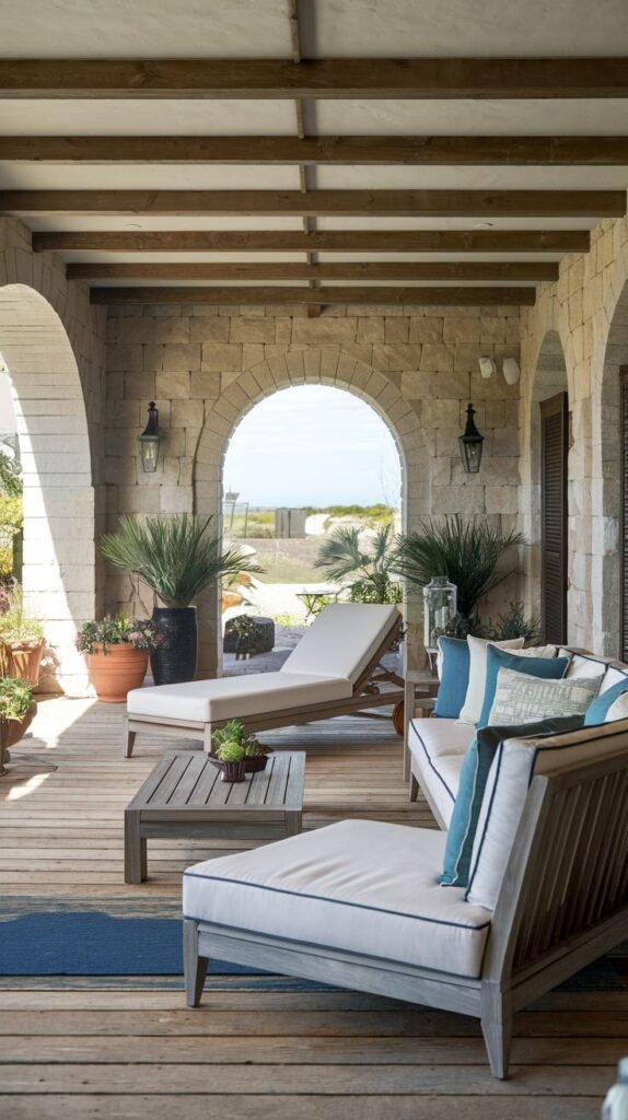 Rustic covered porch featuring wooden framed lounge seating and a chaise lounge with white cushions bordered by blue piping, set on a wood deck under exposed dark beams and stone archways.