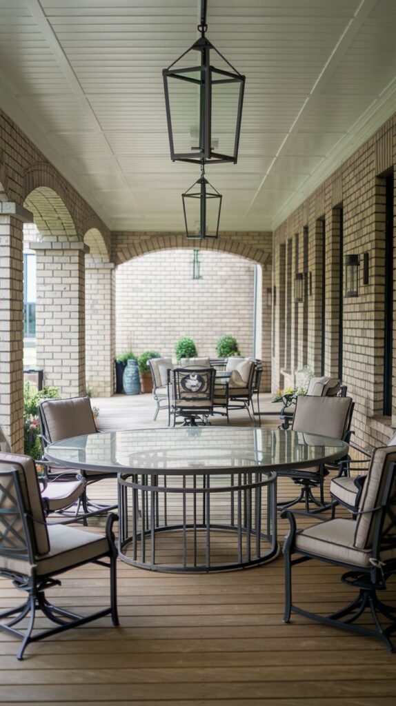 Long covered brick porch with a round glass-topped dining table and dark metal swivel chairs with light tan cushions, illuminated by large dark metal lanterns hanging from the ceiling.