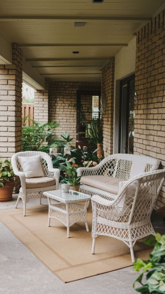 Small, intimate covered porch featuring a white woven wicker loveseat, two matching armchairs, and a small glass-topped coffee table, set on a beige rug against a brick wall.