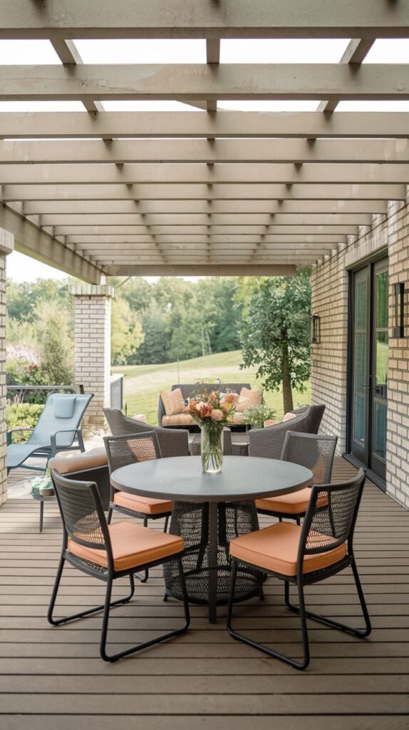 Outdoor dining set featuring a dark round table and black metal/mesh chairs with bright orange cushions, situated on a wood deck under a light slatted wood pergola, with a lounge set visible in the background.