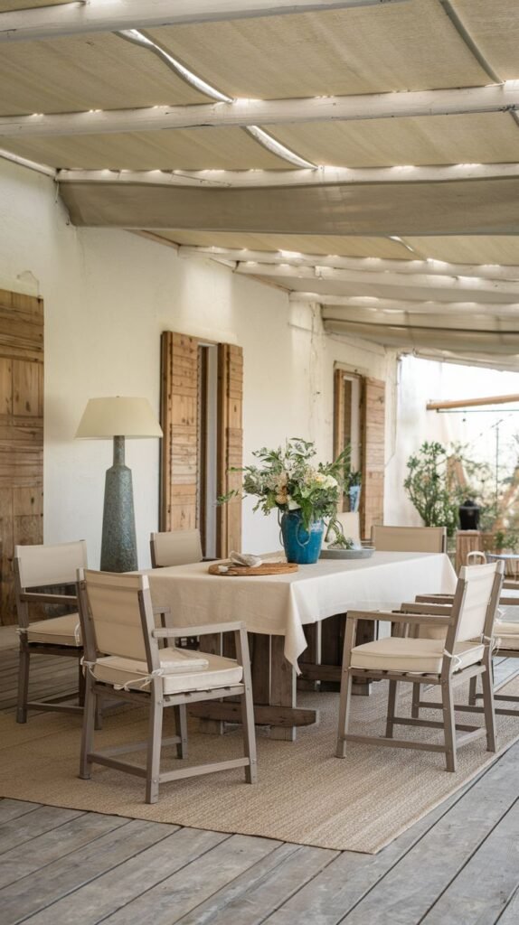 Covered porch with a white exterior and retractable fabric ceiling, featuring a farmhouse-style dining table covered in a white cloth, surrounded by simple light wood chairs with beige cushions.